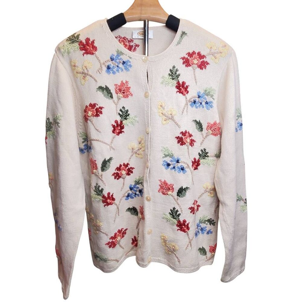 VTG Talbots Petites Beige Floral Embroidered Cardigan Cottagecore Sweater See Me
